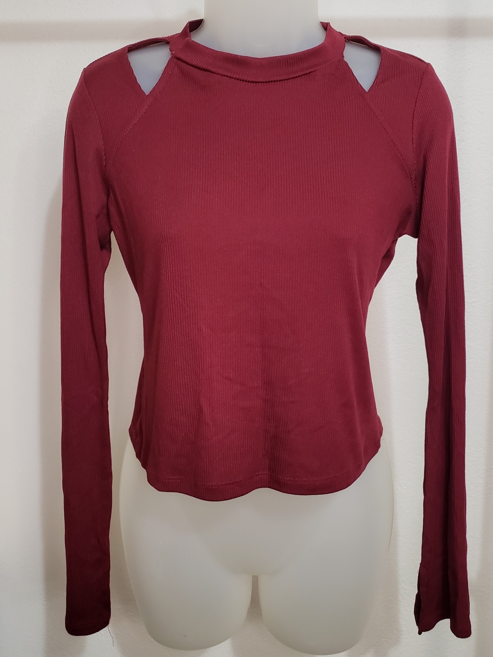 Society 212 Burgundy Long Sleeve Ribbed Top with Shoulder Cutouts